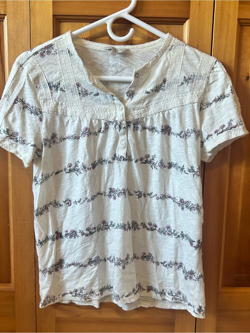 Lucky Brand Cream Short Sleeve Floral Stripe Henley Top
